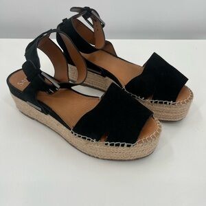Sarto 8.5 Black Suede Leather Espadrille Wedge Sandals